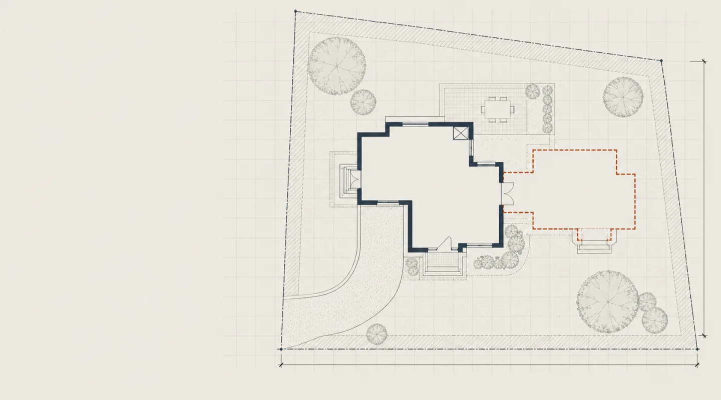 Plan de masse dessiné : emprise d’une maison existante tracée à l’encre pleine et extension projetée en pointillés terre cuite, sur une parcelle cotée