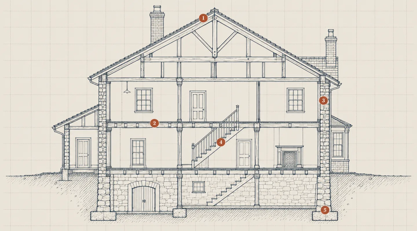 Coupe dessinée d’une maison ancienne : charpente, plancher, mur de pierre, escalier et fondations repérés par cinq pastilles numérotées