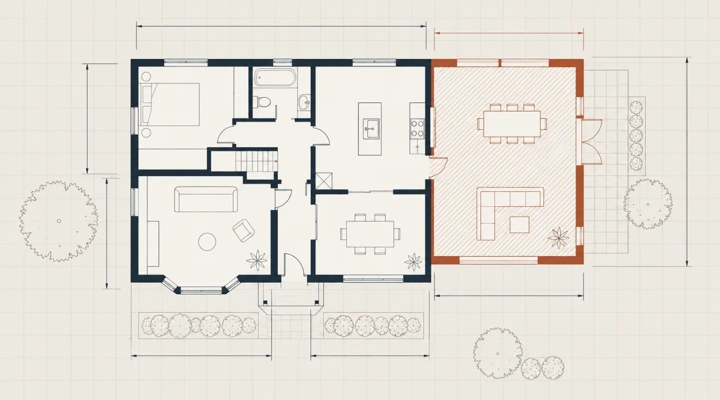 Plan de niveau d’une maison existante tracé à l’encre et extension accolée hachurée en terre cuite, chaque volume coté séparément