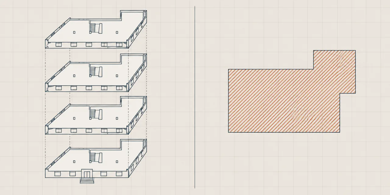 Comparaison dessinée : à gauche quatre niveaux empilés en perspective, à droite la seule projection au sol du bâtiment, hachurée en terre cuite