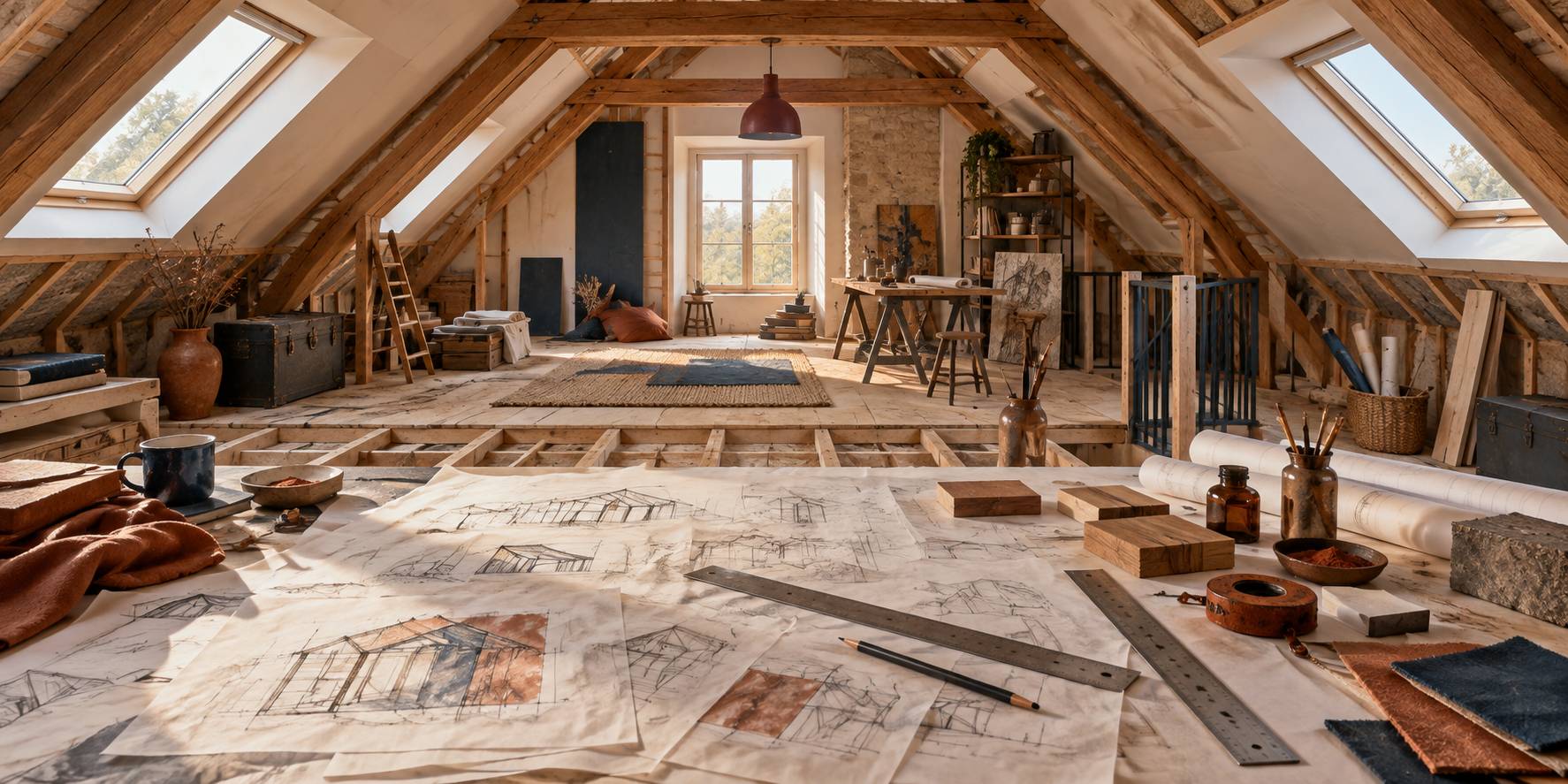 Illustration éditoriale du sujet : Aménager ses combles : hauteur, charpente et surface créée