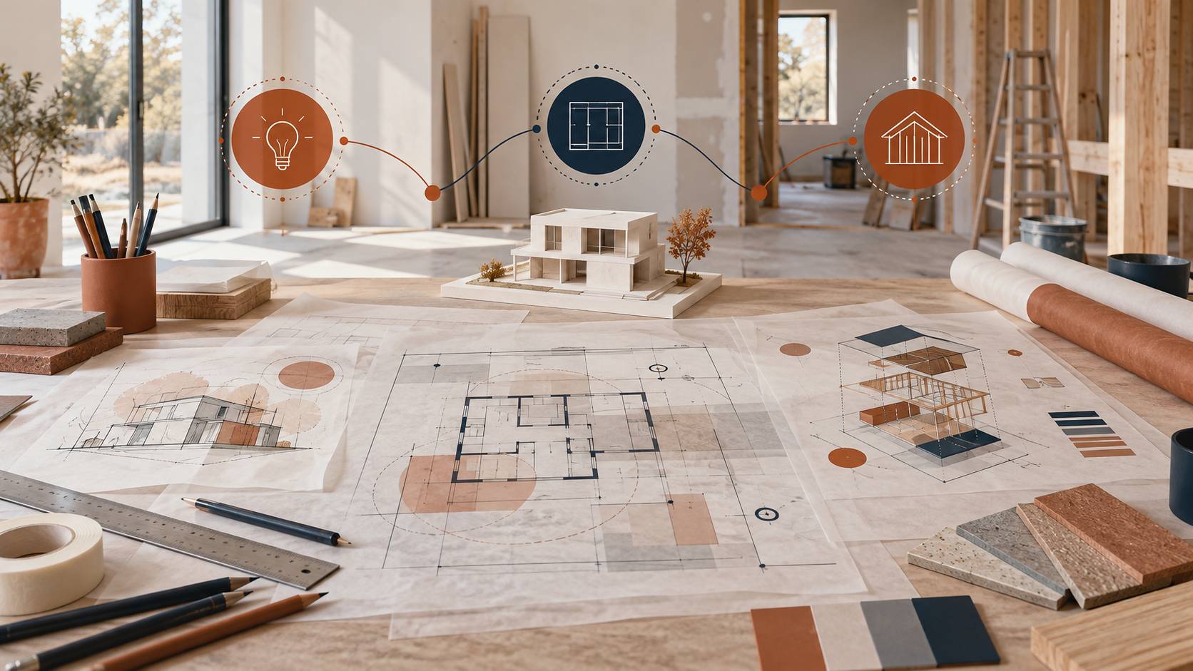 Illustration éditoriale du sujet : Architecte, maître d'œuvre ou constructeur : qui fait quoi