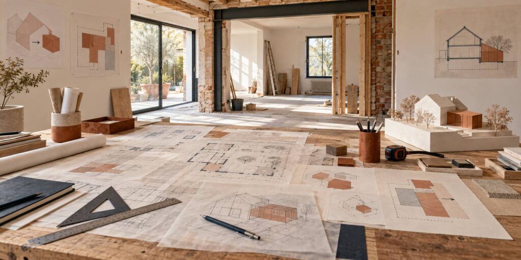 Illustration éditoriale du sujet : Architecte obligatoire à 150 m² : ce que dit exactement la loi