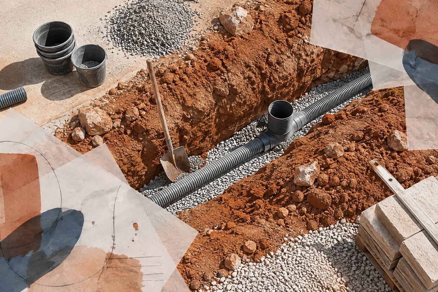 Tranchee avec lit de graviers et drains sur un chantier