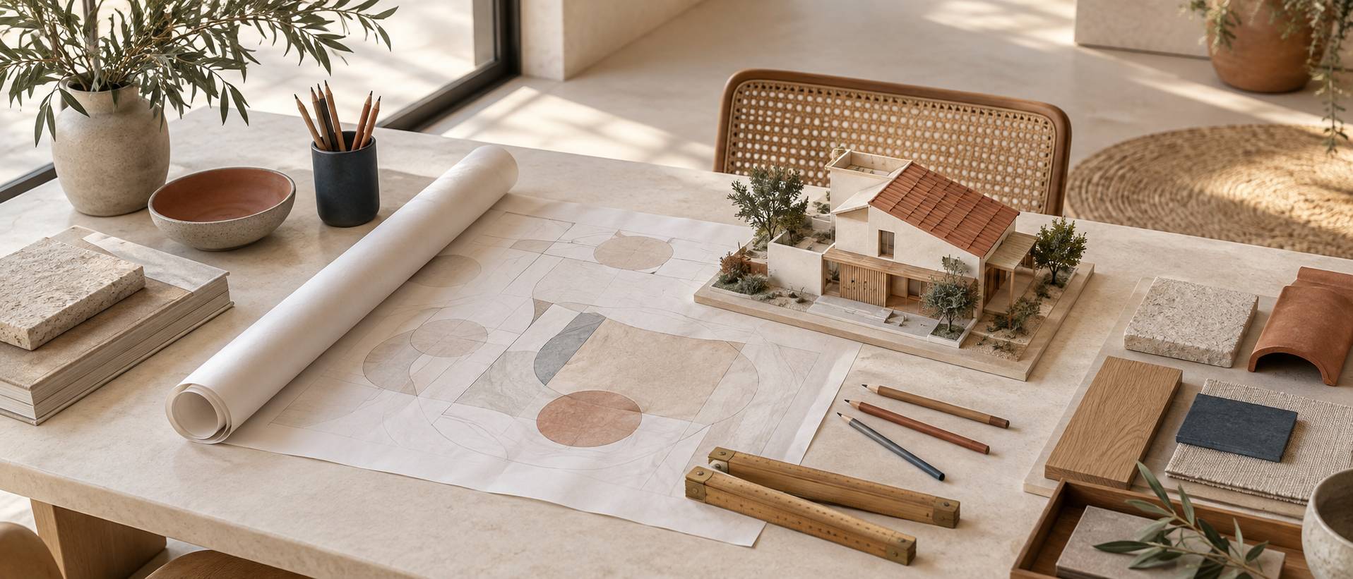 Table d'architecte avec maquette en carton et echantillons de materiaux
