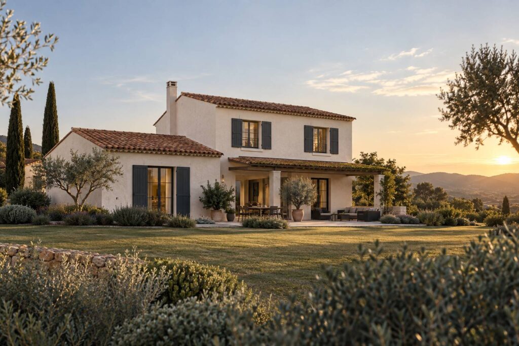 Maison individuelle sobre vue de l'exterieur en lumiere doree