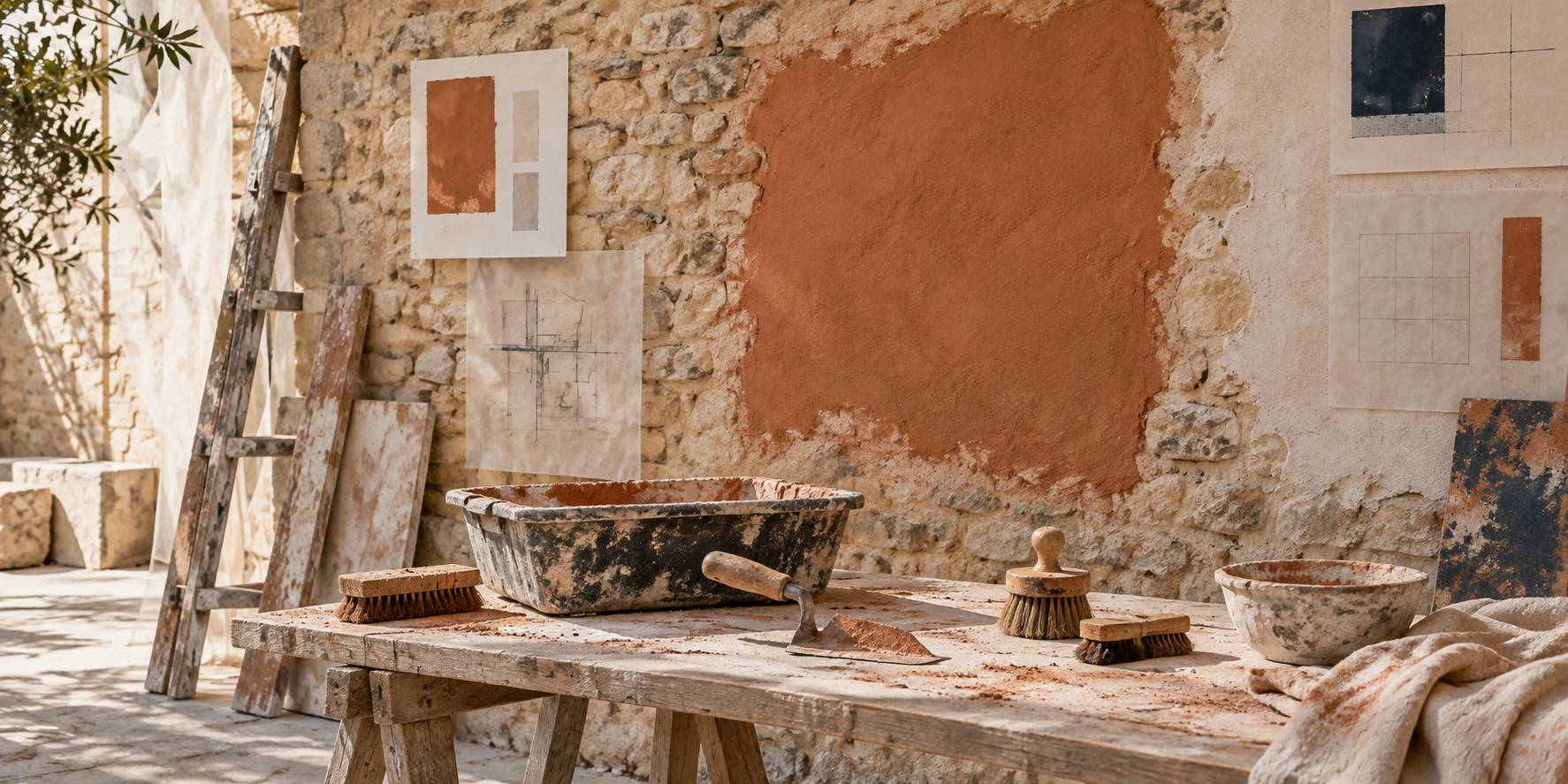 Mur en pierre ancienne en renovation avec joints a la chaux et outils de macon