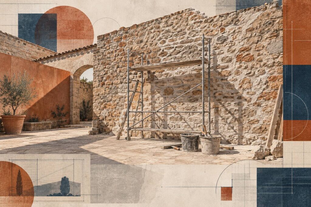 Mur en pierre ancienne en renovation avec joints a la chaux et outils de macon