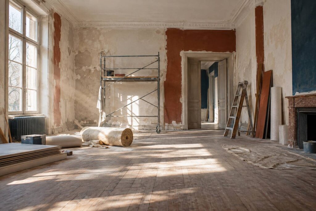 Logement en renovation avec isolant et echelle dans une piece nue
