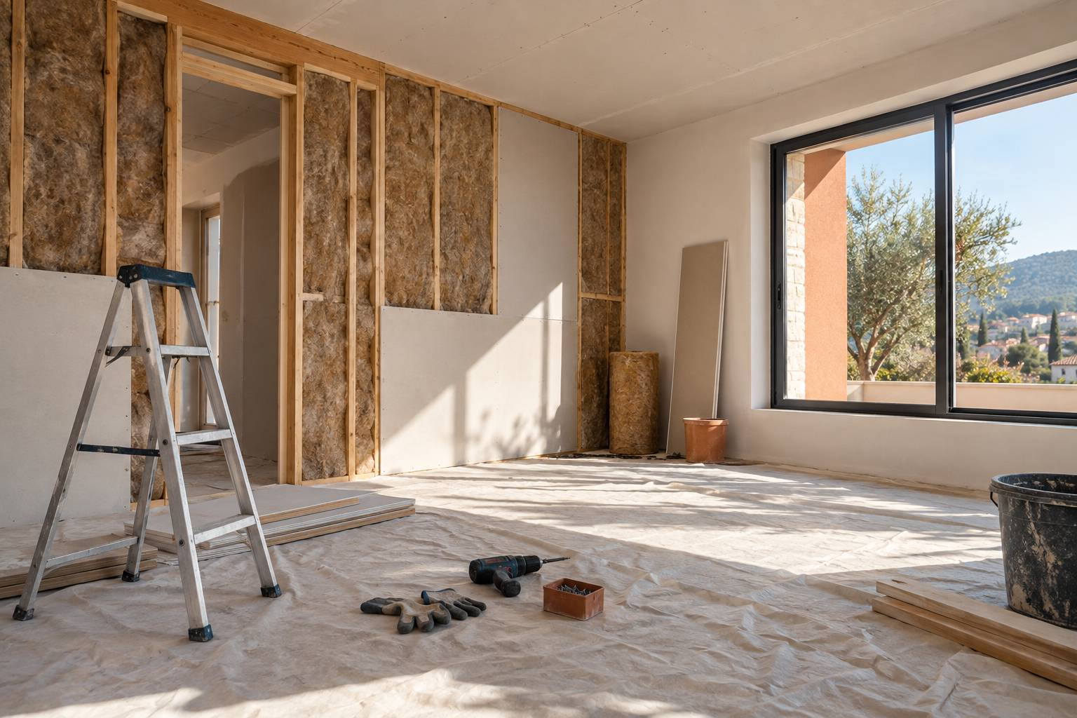 Doublage isolant sur ossature bois dans un interieur en travaux