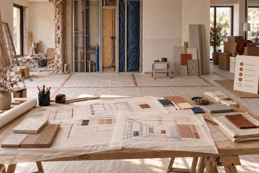 Illustration éditoriale du sujet : Ordre des travaux en rénovation : le planning qui évite les reprises