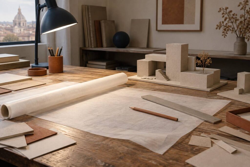 Papier calque, regle et maquette de volume sur une table de travail