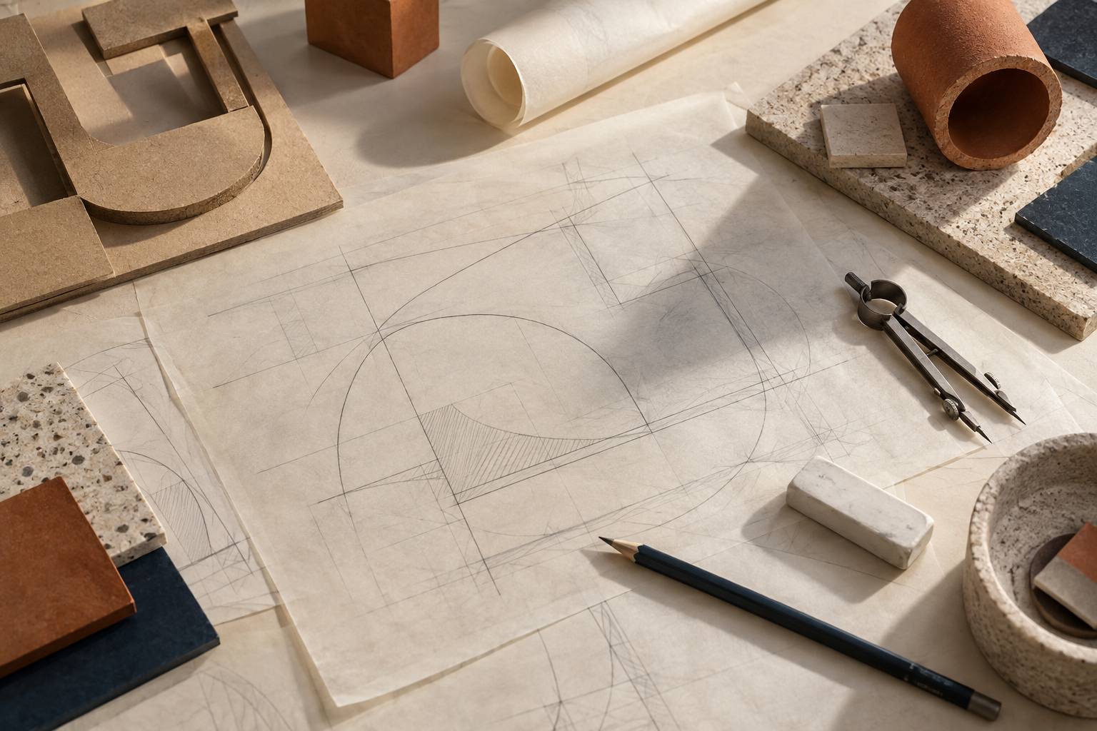 Traces au crayon sur papier calque avec compas et gomme