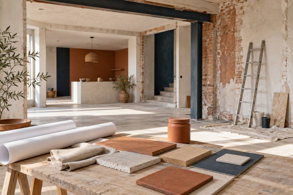 Chantier de renovation avec echelle, plans roules et echantillons