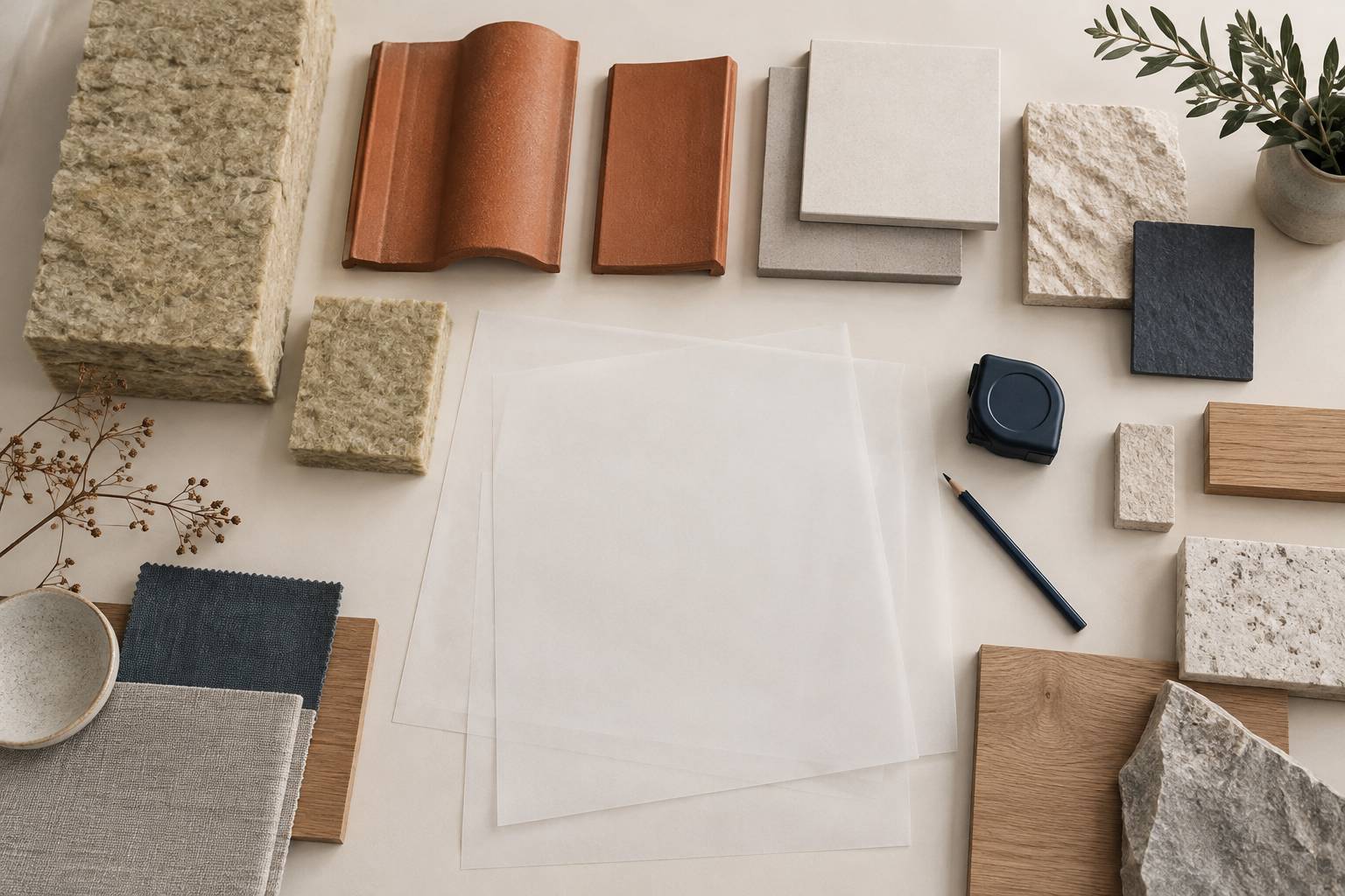 Echantillons de materiaux et papier calque sur une table d'architecte