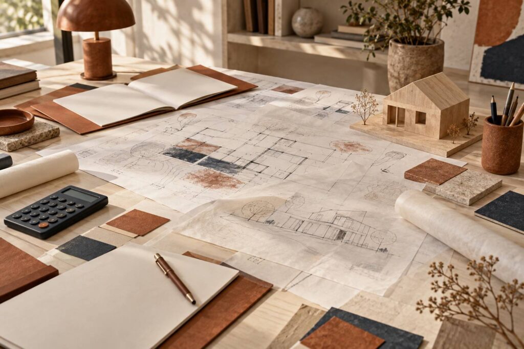 Plans de renovation, calculatrice et maquette de maison sur un bureau lumineux