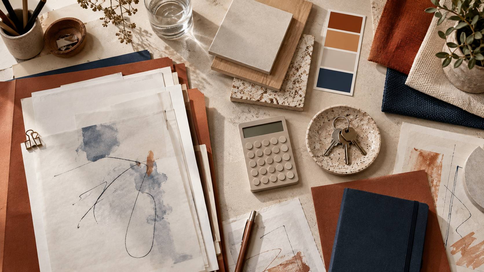 Chemises de dossier, calculatrice et echantillons de renovation sur un bureau