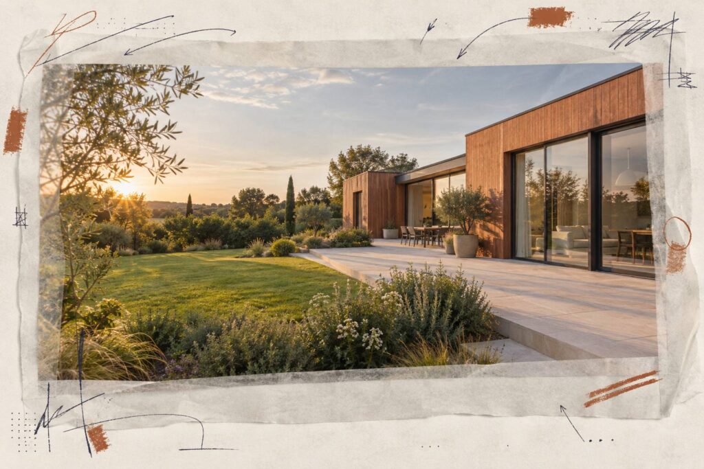Maison contemporaine avec extension en bardage bois et grandes baies sur un jardin