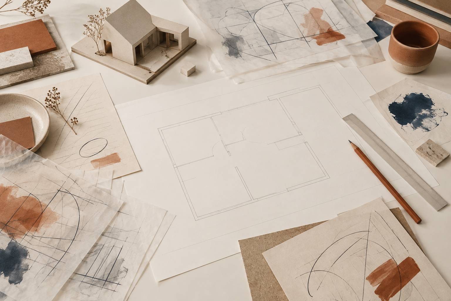 Maquette de maison et règle sur un plan de travail