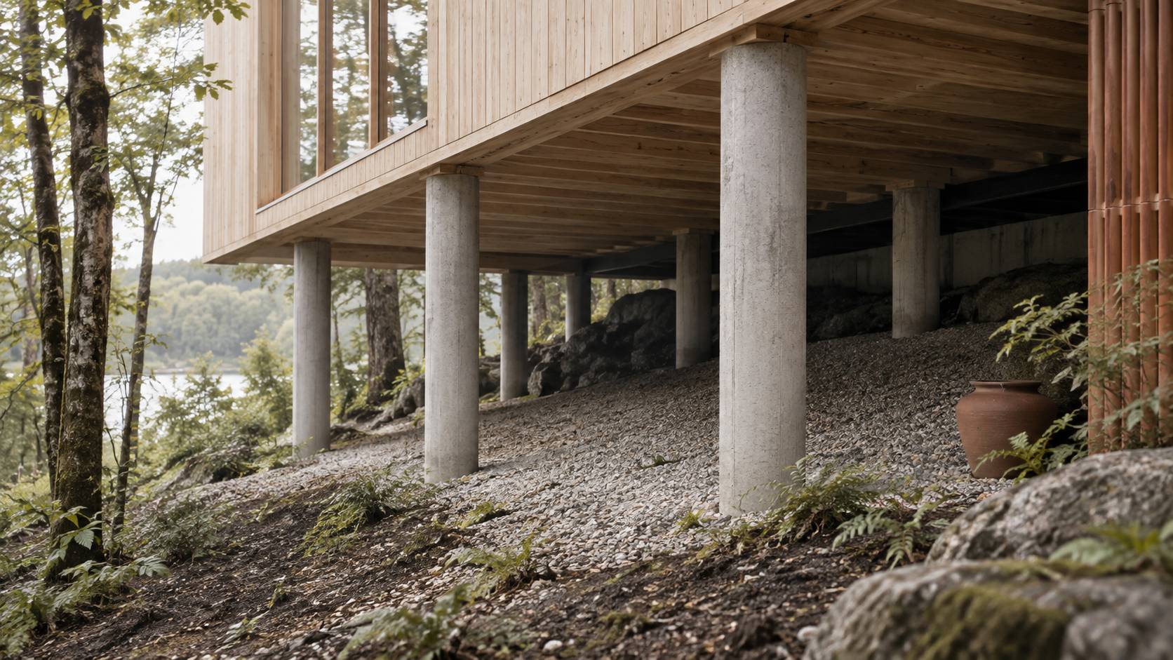 Gros plan de pilotis fins en beton supportant une structure bois