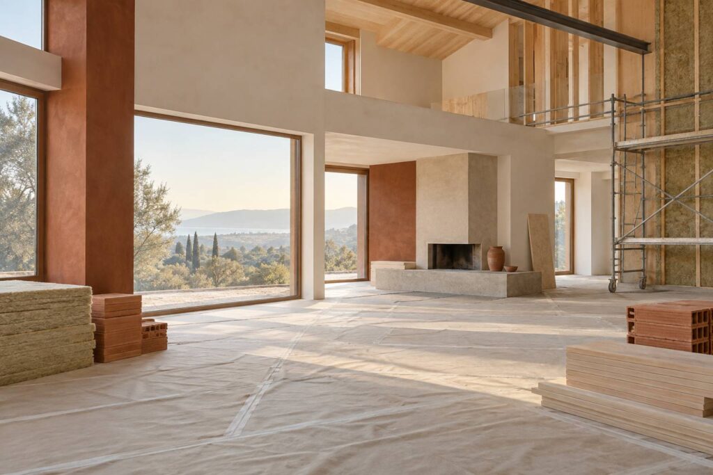 Piece en renovation avec echafaudage et materiaux d'isolation