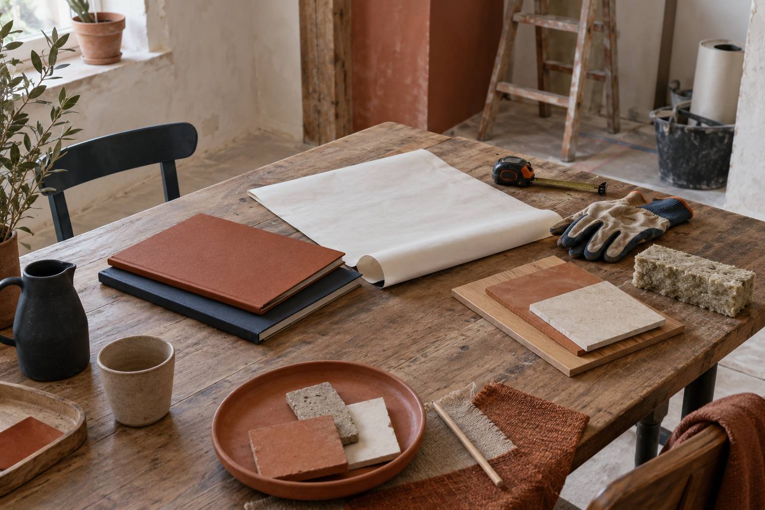 Dossiers de renovation et metre ruban sur une table de travail