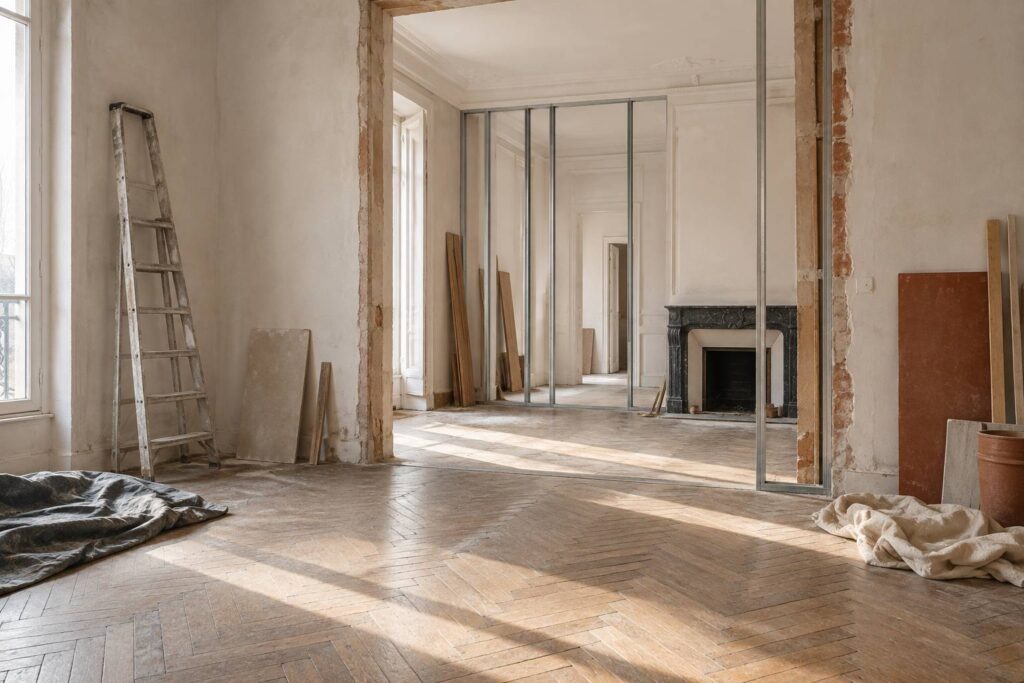 Appartement ancien en renovation avec echelle et baches de protection
