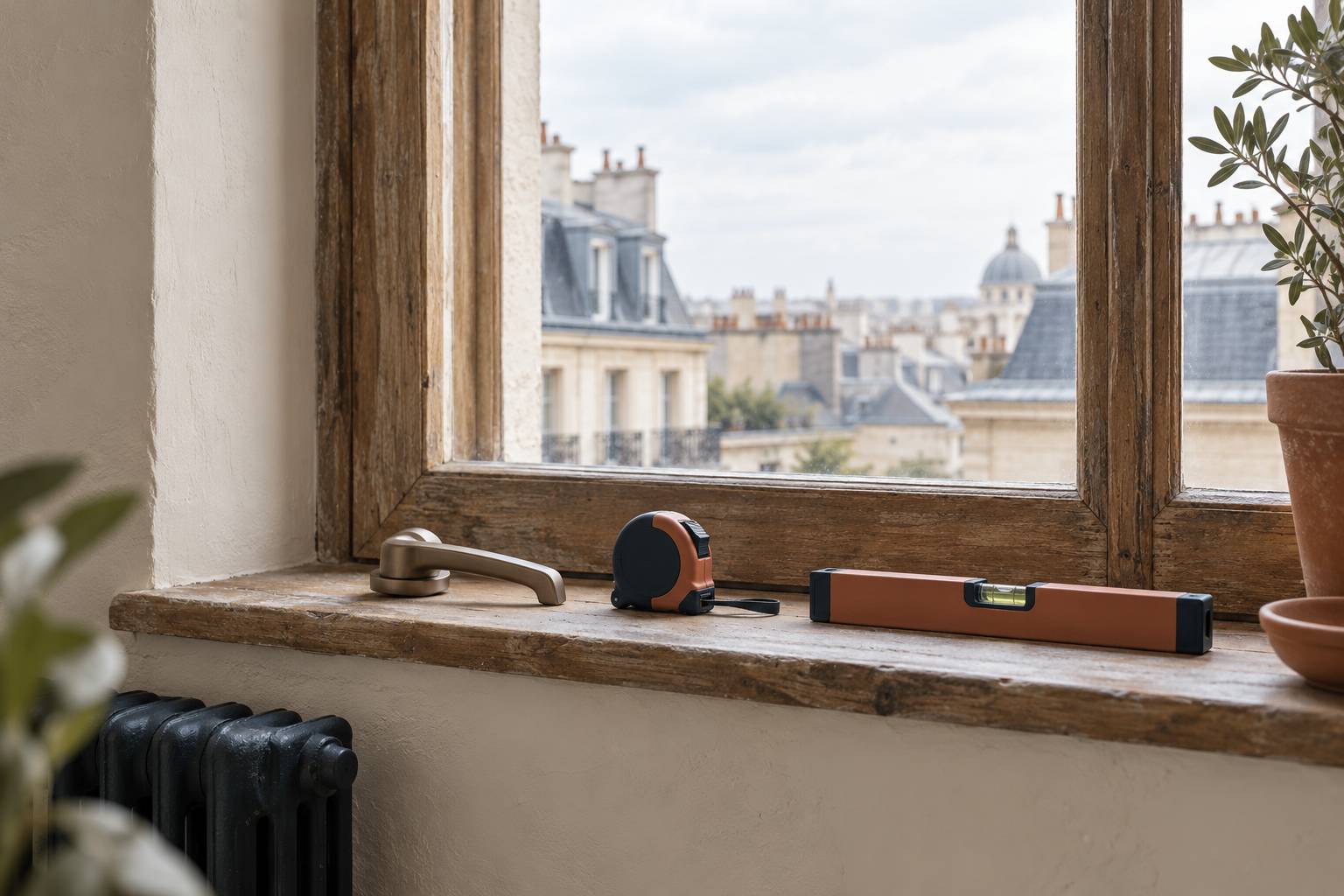Fenetre ancienne et outils de mesure poses sur un rebord