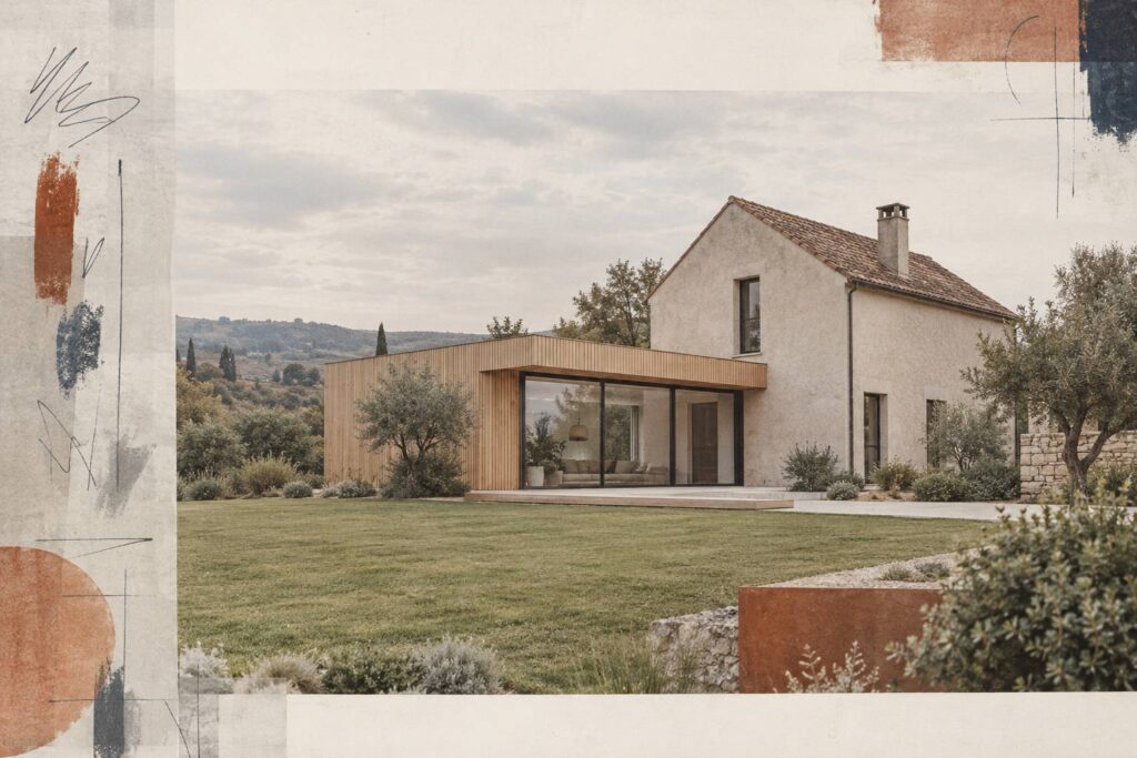 Extension a toit plat en bois adossee a une maison ancienne