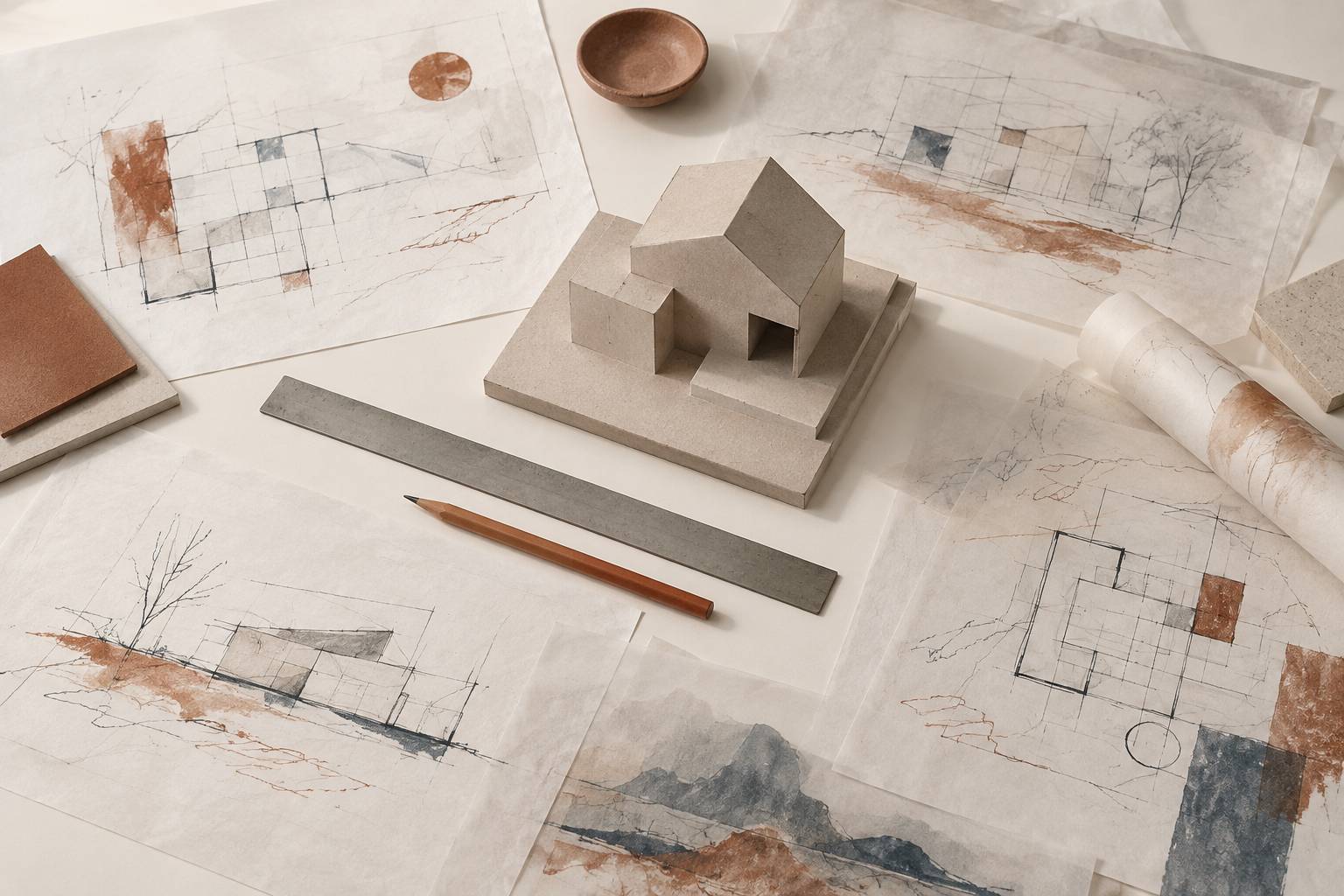 Maquette de maison et regle sur un plan de travail d'architecte