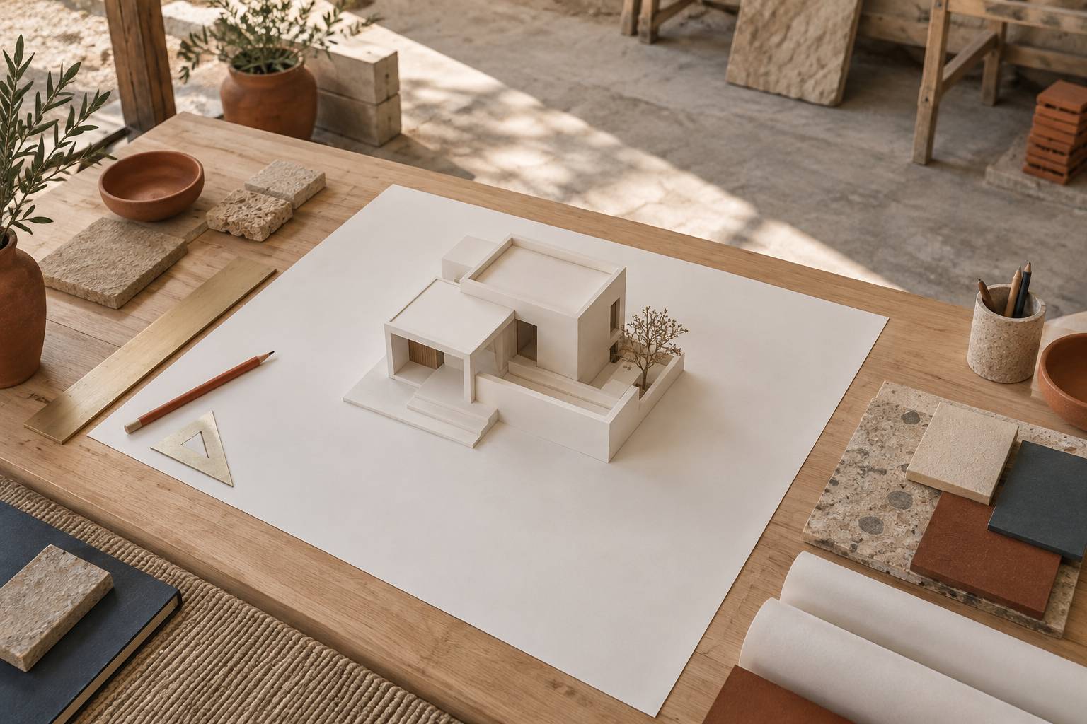 Maquette blanche de maison et instruments d'architecte sur une table