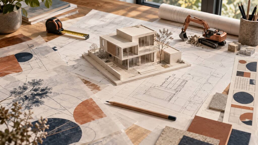 Maquette de maison, plan au trait et crayon sur un bureau d'architecture