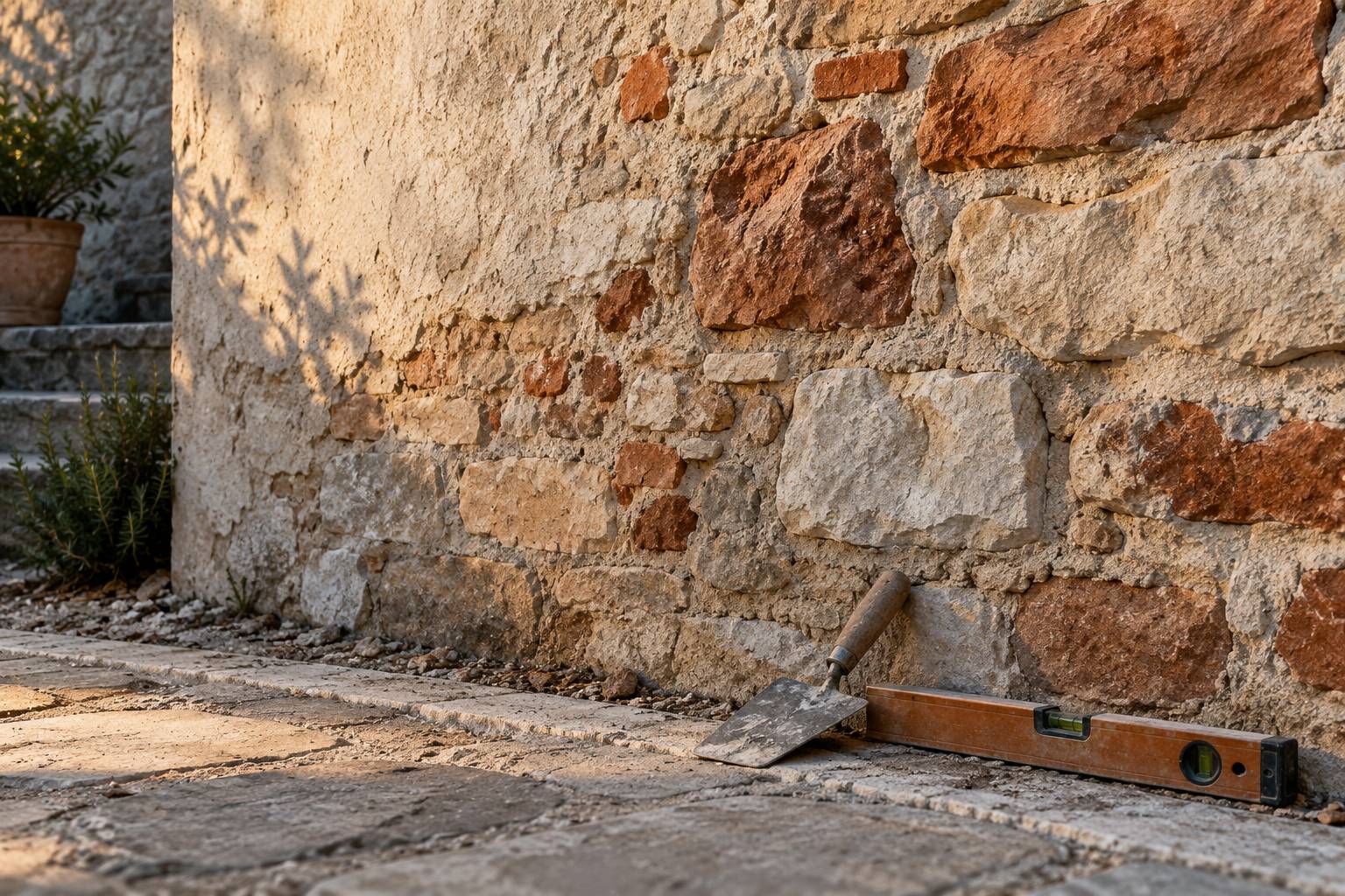 Mur mitoyen en pierre avec truelle et niveau poses au sol